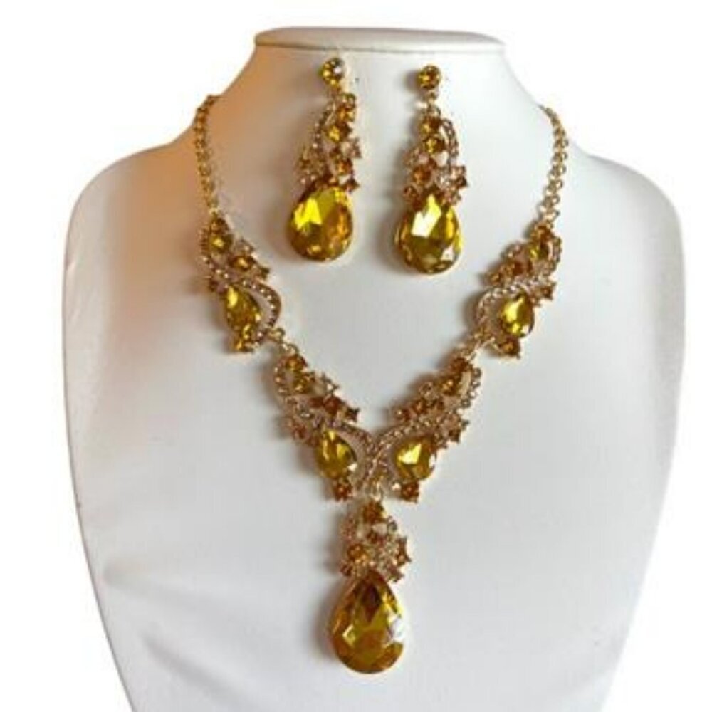 Gold Necklace and Earrings Set Rhinestone Crystal Dangle Prom Bridal Jewelry Set